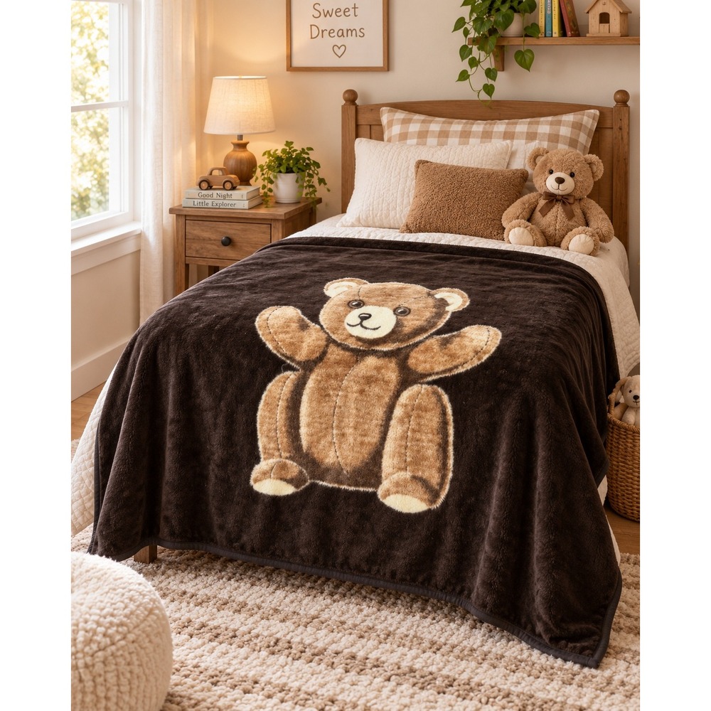 Vintage Biederlack Teddy Bear Throw Blanket Brown Cream 56x74 Made in USA Plush